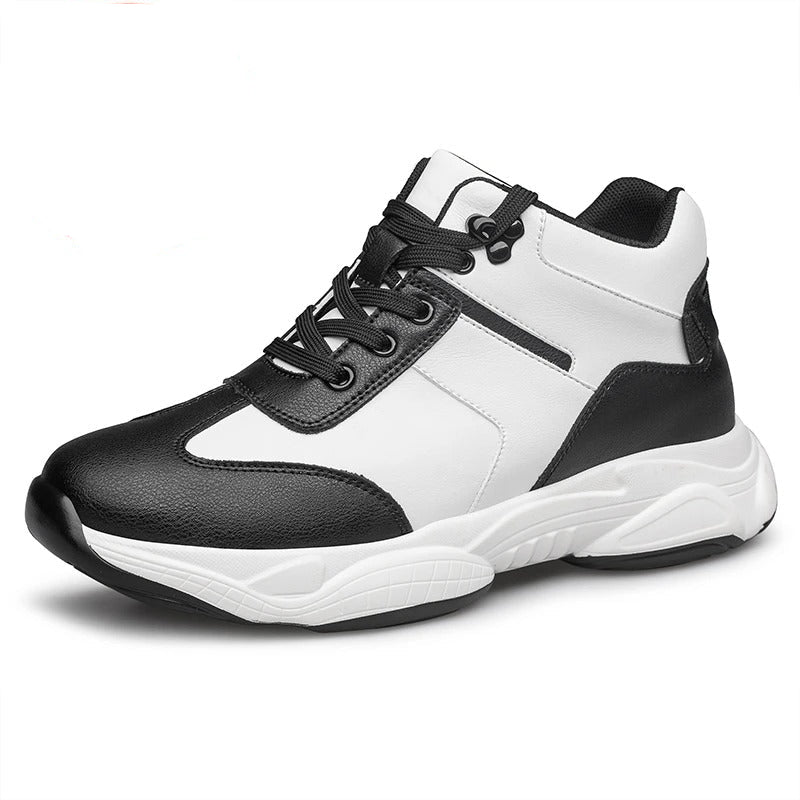A black and white mid-top sneaker shown in a side profile on a white background, with a red circular graphic overlay in the top-left indicating a 6 cm height increase.