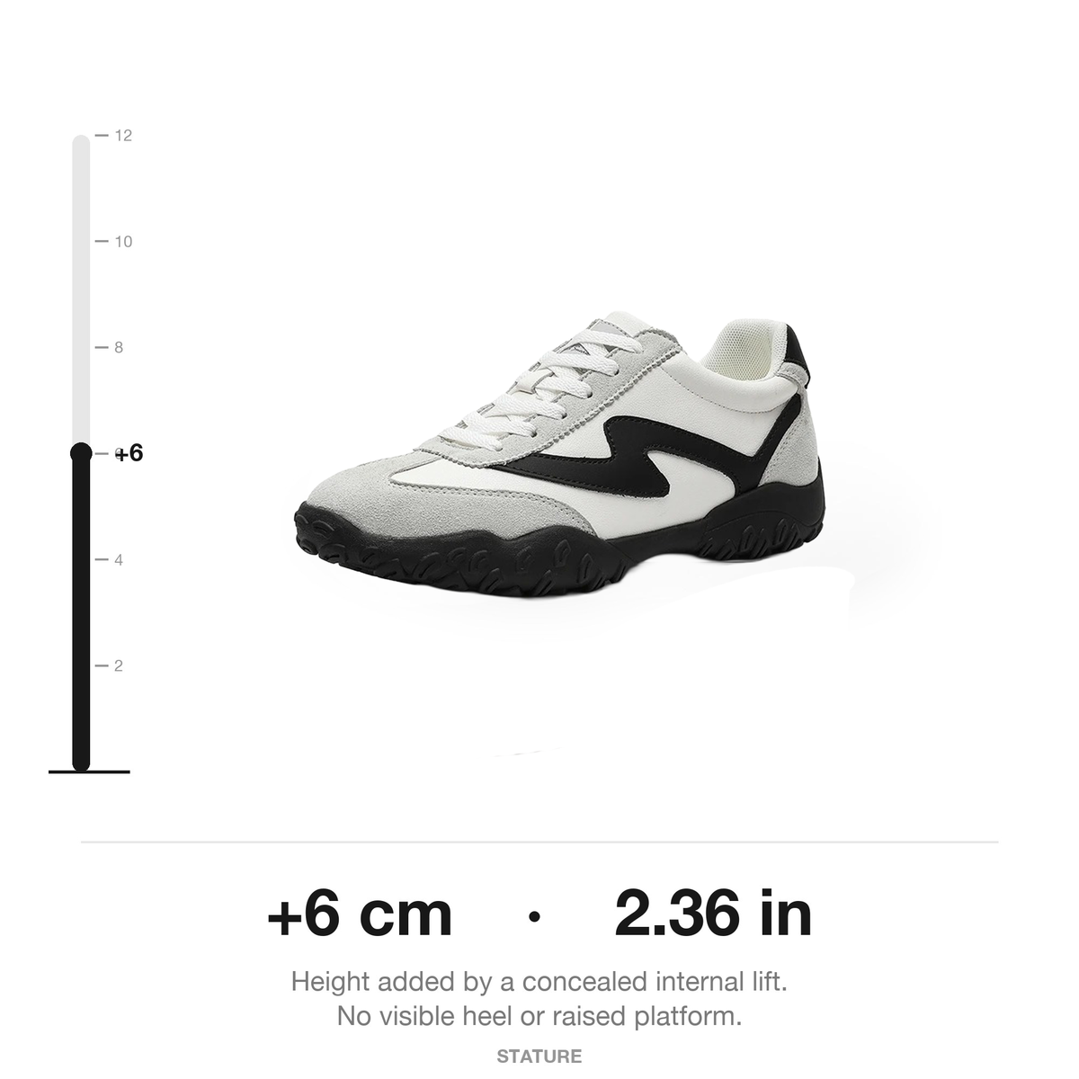 A white and black athletic sneaker shown on a white background with a height measurement graphic on the left and text below stating +6 cm · 2.36 in and STATURE.